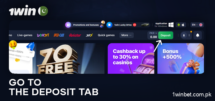 Make a deposit at 1Win Casino to place bets on Lucky Jet