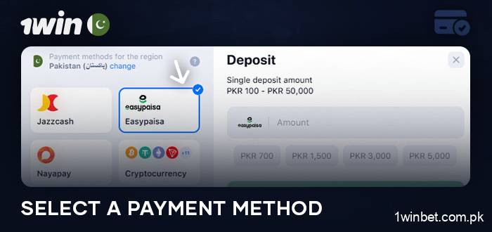 Select a deposit method at 1Win Casino in PKR currency