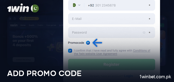 Click to add promo code when registering account at 1Win Casino